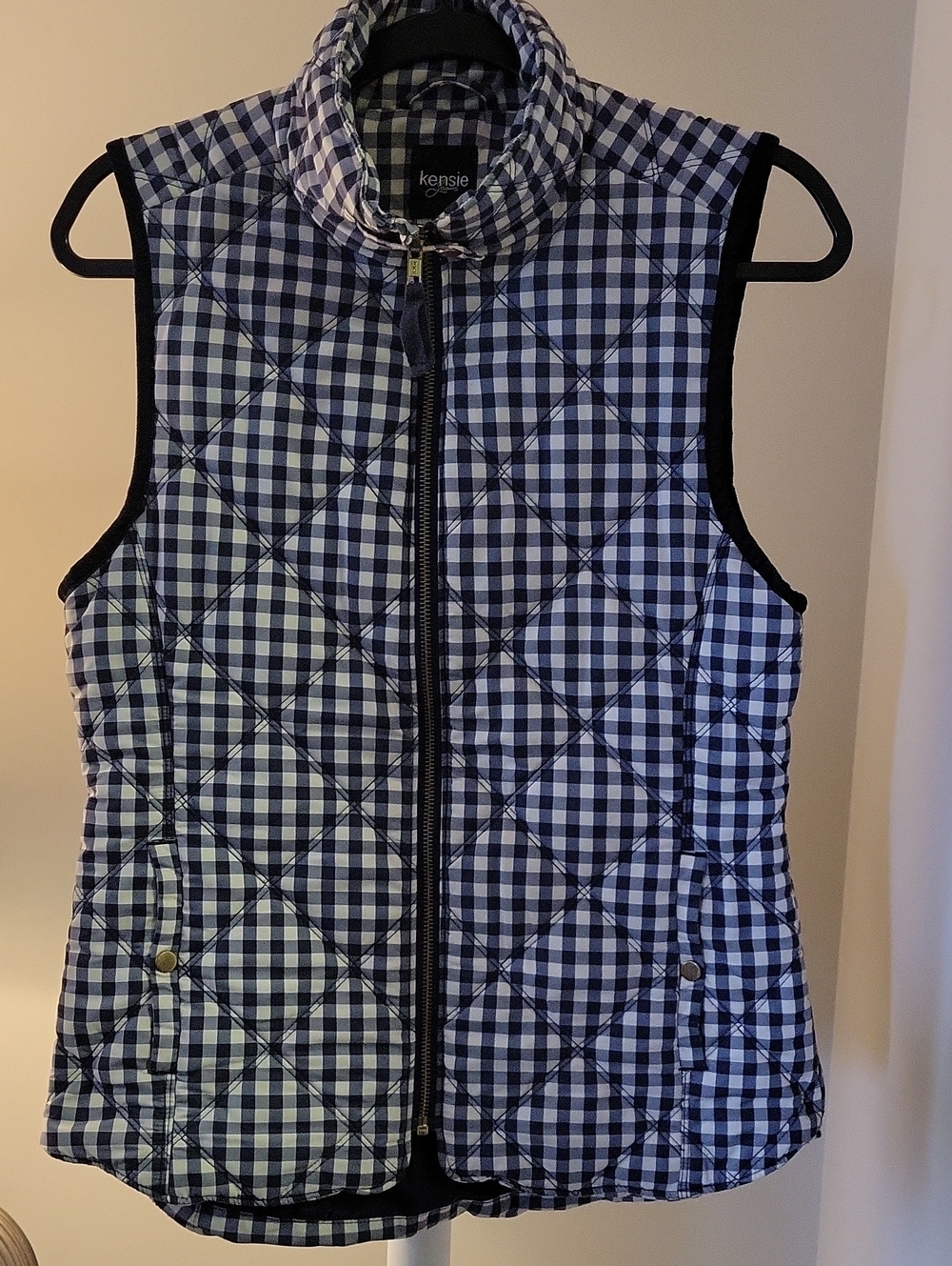 kensie Navy and White Gingham Quilted Vest